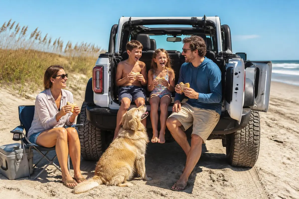 Family with a dog sharing lunch at the tailgate on a beach